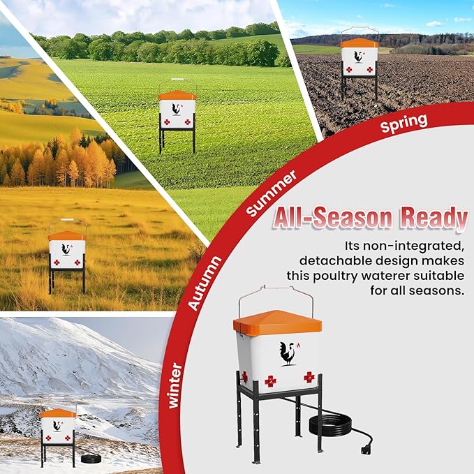 Heated Chicken Waterer, 1.8 Gallons Chickens Poultry Waterer with Nipples, Height Adjustable & Detachable Stand, All-Season Chicken Coop Waterers, Chicken Water Heater (7L, Orange Cover)