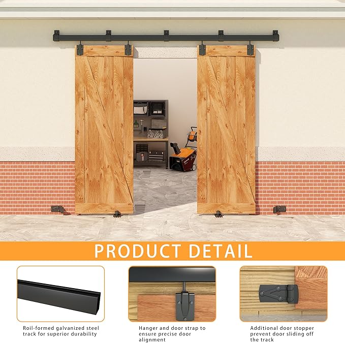 8FT Black Box Rail Exterior Barn Door Hardware Kit for 2 Doors, Sliding Heavy Duty Barn Door Track, Wall Mount Barn Door Hardware with 5 Track Brackets(Doors NOT Include)
