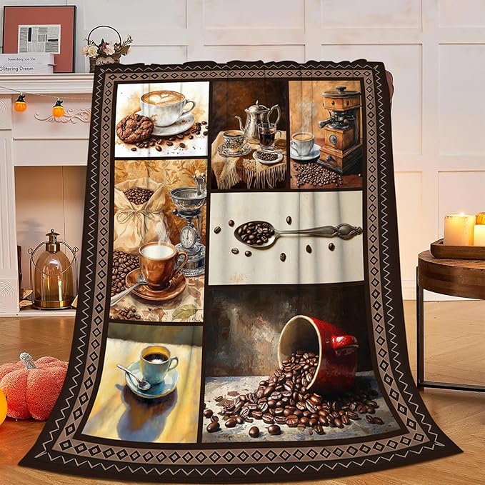 Coffee Blanket, Coffee Throw Blanket, Cup Cafe Gifts Blankets Stuff Fleece Flannel Plush for Girls Women Men Boys Lovers Adults Soft Bedding Gift for Sofa Bed Office Home Decor 60"x50"
