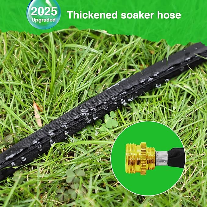 Mixc 2025-Thickened Flat Soaker Hose 200Ft with Copper Joint,Aluminum Seal,1mm Thickened Hose,360°Swival Handle and Inlet,Hole Pressure Relief Gasket,Drip Kit for Vegetable Garden,Lawn,Flower Bed