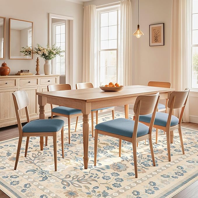 5x8 Area Rug Living Room Rugs - Washable Boho Vintage Floral Large Soft Non Slip Thin Rug Low Pile Carpet for Bedroom Dining Room Kids Playroom Office Decor Indoor- Multi Color