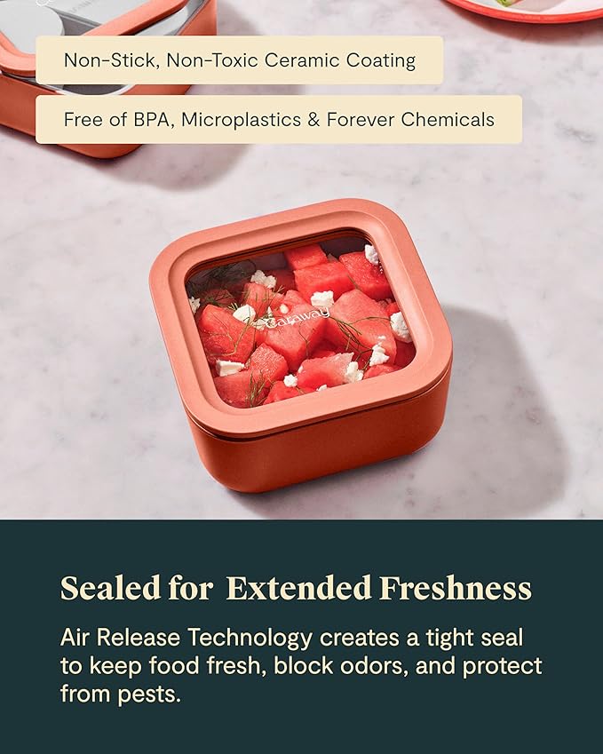 Caraway Glass Food Storage - 4.4 Cup Glass Container - Ceramic Coated - Easy to Store, Non Toxic, Non Stick Lunch Box Container with Lids - Dishwasher, Oven, & Microwave Safe - Mist