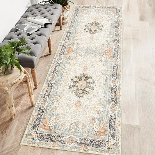 Washable Runner Rug 2x6,Vintage Rug Runners Non Slip,Long Boho Rugs for Hallways Kitchen Bedroom Entryway Living Room Bathroom,Bohemian Distressed Floor Carpet,Retro Blue Grey Floral