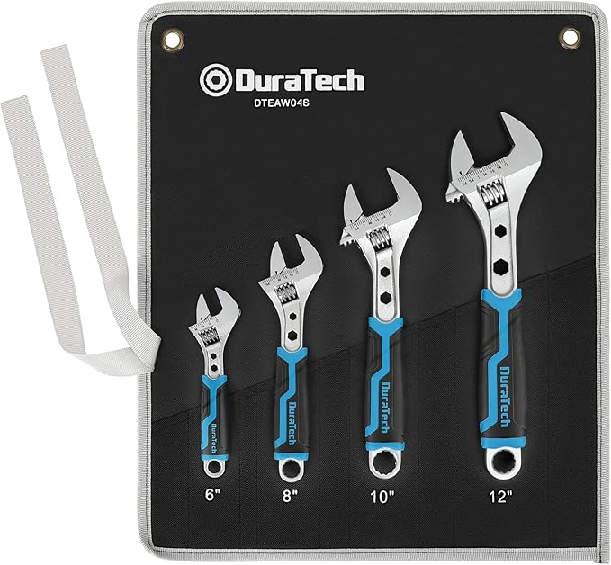 DURATECH 4-Piece Adjustable Wrench Set, 6-inch, 8-inch, 10-inch, 12-inch, 3-in-1 Spanner with Box End/Hex Function, CR-V Steel, Chrome-plated, Bi-material soft Grip, with Rolling Bag