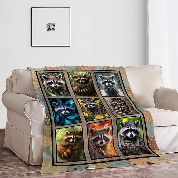 Raccoon Blanket, Cute Animal Throw Blanket, Raccoon Gifts Blankets Stuff Fleece Flannel Plush for Girls Women Men Boys Lovers Adults Soft Bedding Gift for Sofa Bed Office Home Decor 80"x60"