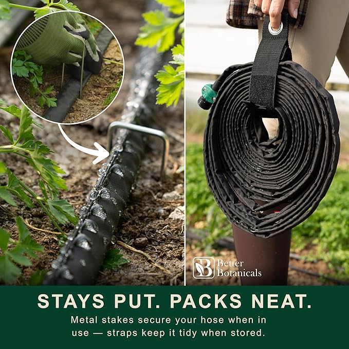 Soaker Hose 100+ ft Drip Hose with 16 Steel Stakes, 2 Storage Straps, Pre-Installed End Caps – Complete Irrigation System for Garden – Expandable Watering System Soaker Hoses