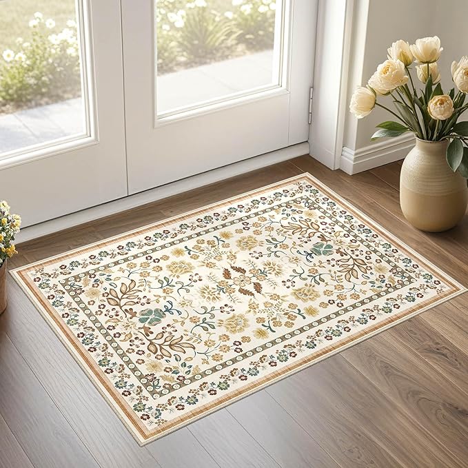 Door Mat Entrance Rug: 2x3 Washable Area Rug Boho Floral Small Rug - Non-Slip Low Pile Throw Indoor Carpet for Entryway Kitchen Front Door Bathroom Entry Kids Room - Brown