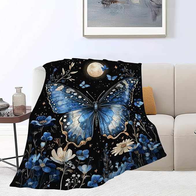 Butterfly Blanket, Blue Butterflies Throw Blanket, Flower Gifts Blankets Stuff Fleece Flannel Plush for Girls Women Men Boys Lovers Adults Soft Bedding Gift for Sofa Bed Office Home Decor 60"x50"
