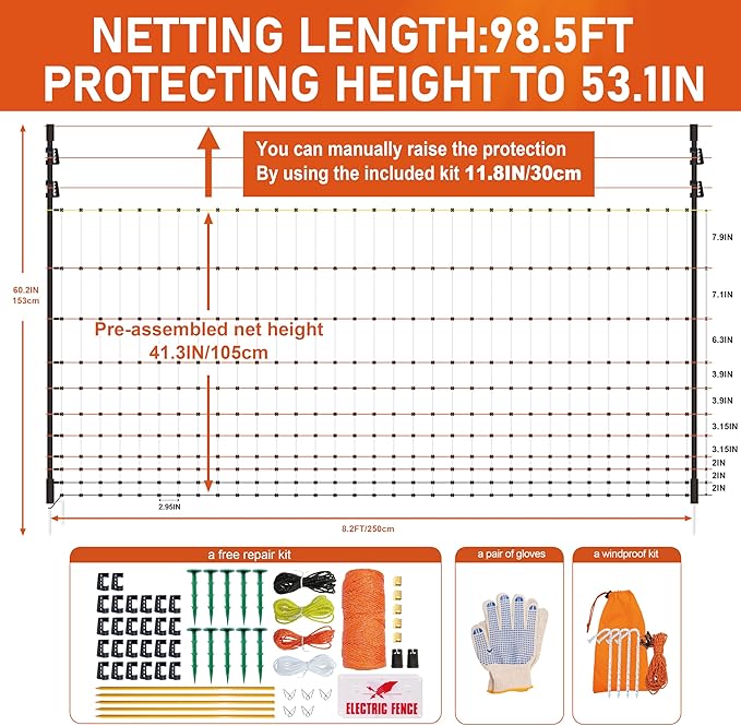 Poultry Electric Netting Fence - 41.3''H (can be Manually Raised to 53.1''H) x 98.5'L for Flying Chicken, Sheep, Goats in Farms, Ranches and Gardens, PK1