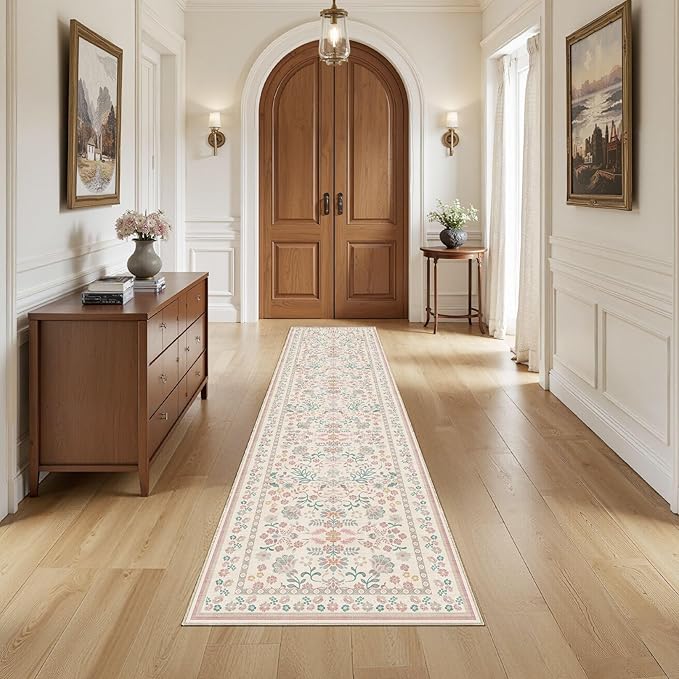 Runner Rug for Hallways Kitchen: 2x8 Washable Area Rug Boho Floral Soft Long Rug - Non-Slip Low Pile Throw Indoor Carpet for Entryway Kitchen Bedroom Laundry Bathroom - Pink