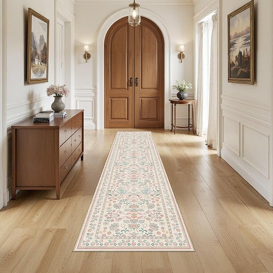 Runner Rug for Hallways Kitchen: 2x8 Washable Area Rug Boho Floral Soft Long Rug - Non-Slip Low Pile Throw Indoor Carpet for Entryway Kitchen Bedroom Laundry Bathroom - Pink