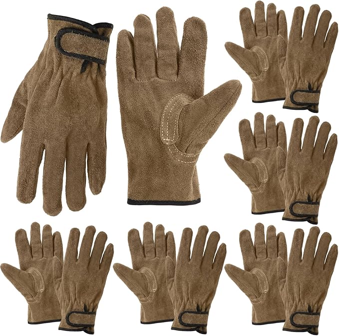 6 Pack XL Leather Work Gloves, Welding Cowhide Stretchable, Coffee Gardening Adjustable Wrist Gloves With Puncture and Cut Resistant for Men Women