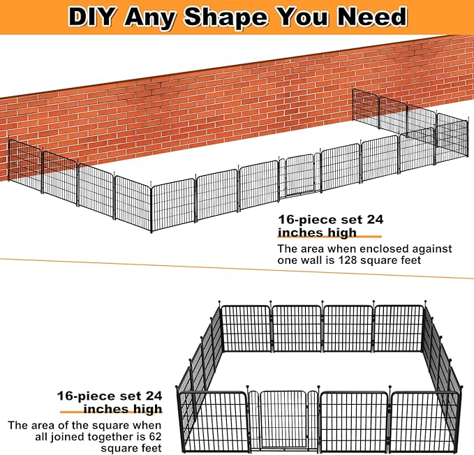 24 in(H) Decorative Garden Fence with Gate,16 Panels Total 31.4 Ft(L) Heavy Duty Iron Animal Barrier Fence for Yard,Suitable for Indoor Pet Or Outdoor Dog Fencing, Garden Border Fence