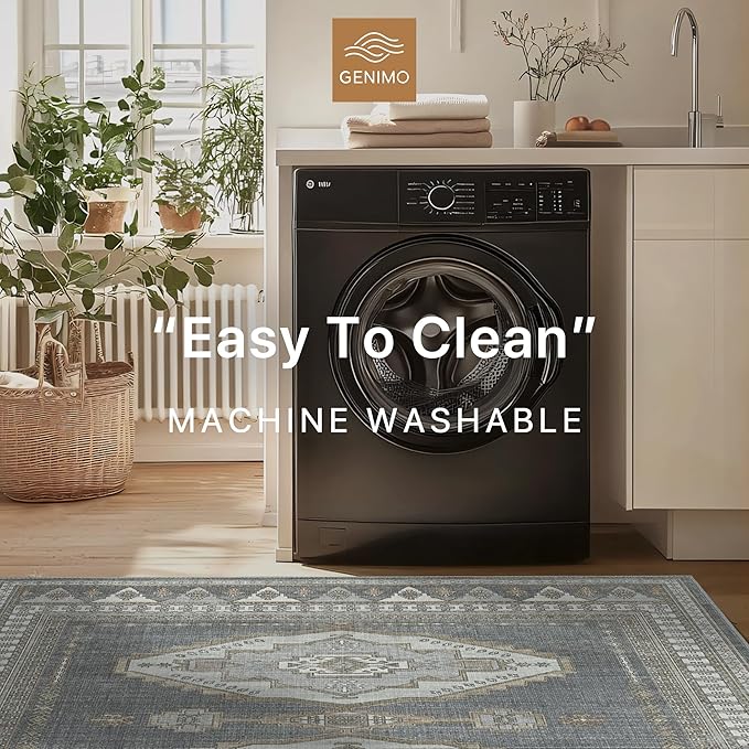 GENIMO Machine Washable 9x12 Area Rugs for Living Room, Non Slip Vintage Rugs, Low Pile Lightweight Chenille Print Rug for Bedroom, Dining Room, Home Office, Gray/Beige