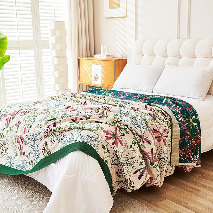 Boho Throw Blanket, 100% Organic Cotton Breathable Ultra Soft 50" x 60" Bed Quilt Throw - All Season Floral Rustic Farmhouse Decor Luxury Reversible Blanket for Sofa Couch Chair and Gift