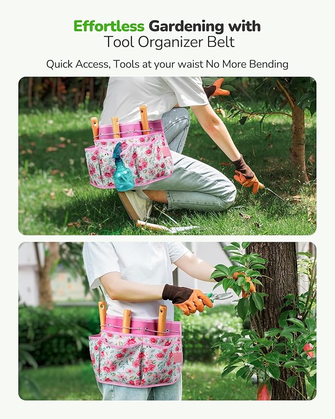 All-in-One Garden Tool Set with Tools Organizer Belt Adjustable, 10-Piece Gardening Hand Tools, Long Lasting Rust-Proof Premium Garden Tool Kit, Gardening Gift for Women Men (Pink)