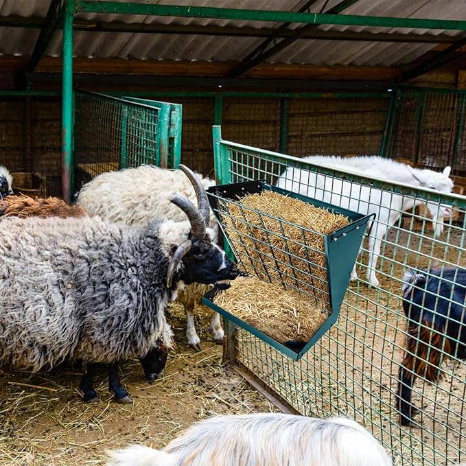 Wall Mount Hay Rack, Heavy-Duty Galvanized Metal 2 in 1 Hay and Grain Feeder, Livestock Feeder with Adjustable Distance, Hay Feeder for Goats, Sheep, Horse