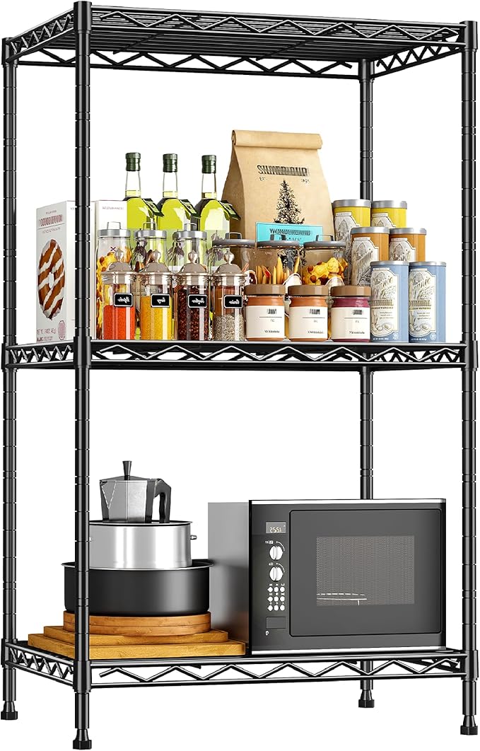 35.4''H Shelf 3 Tier Storage Shelves Metal Shelving,Adjustable Small Wire Shelving Unit,Utility Steel Shelving Organizer Storage Rack for Kitchen Bedroom Laundry Pantry Office,17.7''Wx11.8''D,Black