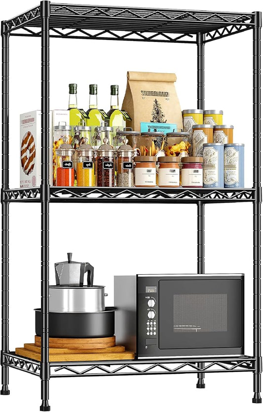 35.4''H Shelf 3 Tier Storage Shelves Metal Shelving,Adjustable Small Wire Shelving Unit,Utility Steel Shelving Organizer Storage Rack for Kitchen Bedroom Laundry Pantry Office,17.7''Wx11.8''D,Black