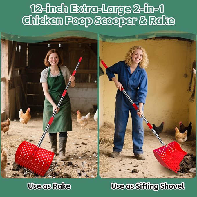 US Patent Pending 12-Inch 2-in-1 Chicken Poop Scooper & Rake,3-Shape Sifting Holes Chicken Coop Rake，Stainless Steel Handle （20–61"）– Litter Scooper & Sand Sifting Shovel for Chicken Coops （Red）