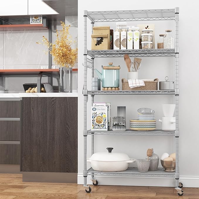 Himimi 5-Tier Storage Shelf Wire Shelving Unit on Wheels, Adjustable Heavy Duty Metal Shelves with Side Hooks, Steel Rack Organization for Kitchen Garage Basement, Silver