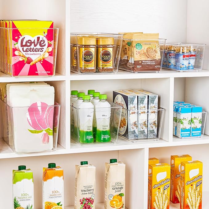 YIHONG Clear Plastic Storage Bins, 4 Pack Pantry Organizer Bins with Handle for Kitchen, Freezer,Cabinet,Closet Organization and Storage