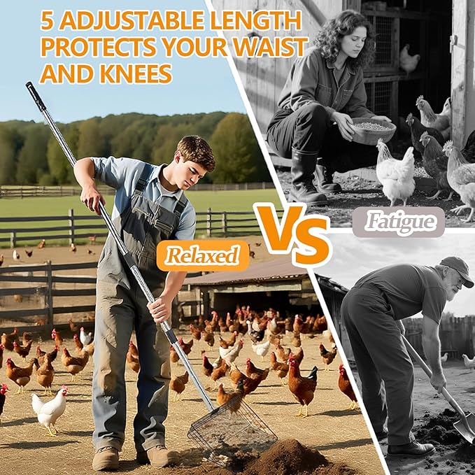 10 Inch Chicken Pooper Scooper & Sifting Shovel with 5-Stage Adjustable Handle (27" to 67"),Stainless Steel Handle, Litter Sifting Shovel for Chicken Coop, Farm, Sheep Pen, Cat Litter