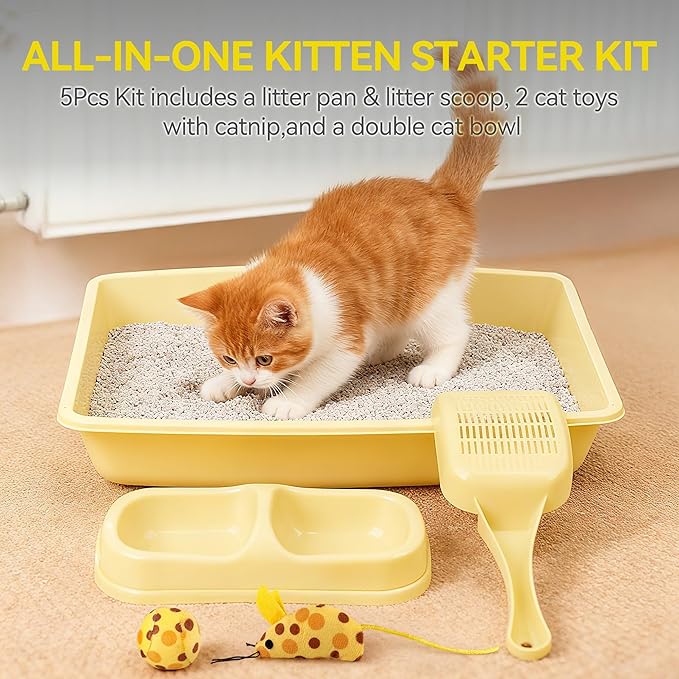 Pawise Cat Starter Kit Includes 4PCS Kitty Supplies, Great for Small Kitties, 14.5x10.5 Inch (Yellow)
