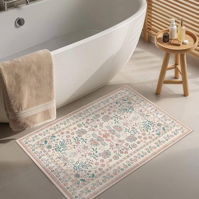 Door Mat Entrance Rug: 2x3 Washable Area Rug Boho Floral Small Rug - Non-Slip Low Pile Throw Indoor Carpet for Entryway Kitchen Front Door Bathroom Entry Kids Room - Pink