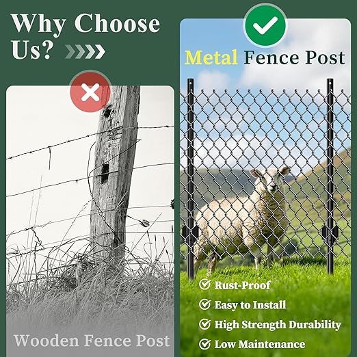 20 Pack Metal Fence Posts, 5ft Heavy Duty U-Post, Black Garden Stakes, No-Dig Post Anchors for Wire Fences, Temporary Fencing, Electric Fence, and Corner Support