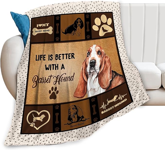 Basset Hound Blanket Dog Throw Blanket Soft Warm Cozy Fuzzy Plush Dogs Throw Blanket Bedding Gifts for Dog Lover Girls Women Fleece Flannel Gift Blankets for Kids Adults 40"X50"