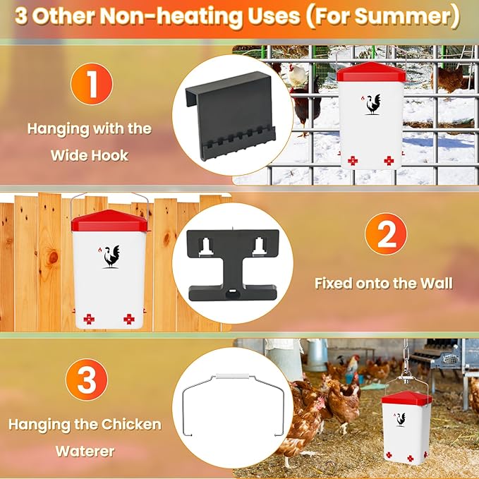Heated Chicken Waterer for Winter, 3.2 Gallon Poultry Water Heater with 4 Horizontal Nipples, Thermostatically Controlled, 4 Adjustable Heights, Anti-Freezing Watering System for Coop