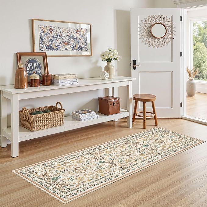 Runner Rug for Hallways Kitchen: 2x6 Washable Area Rug Boho Floral Soft Long Rug - Non-Slip Low Pile Throw Indoor Carpet for Entryway Kitchen Bedroom Laundry Bathroom - Brown