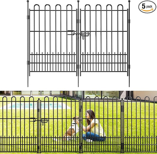 Bepatio Tall Garden Fence Animal Barrier with Gate, 39.5in (H) x 11.5ft (L) 5 Panels Decorative Dog Fence Outdoor for Yard, Heavy Duty Metal Fence Border, Flower Bed, Easy Setup, Black