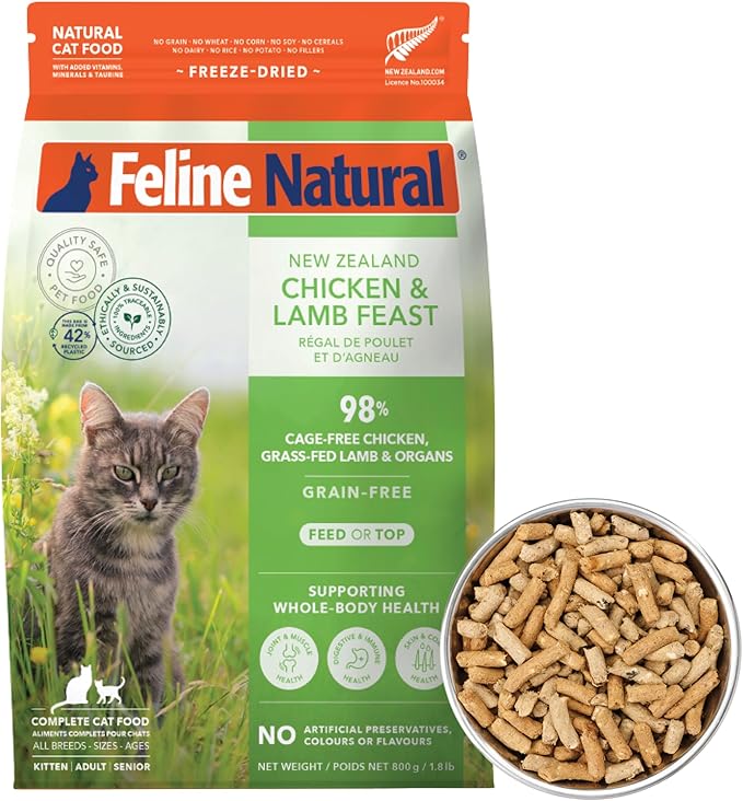 Feline Natural High Protein Dry Cat Food, Freeze-Dried Diet with 98% Meat, Organs & Seafood, No Peas, Grains, or Artificial Additives, Made in New Zealand, Chicken & Lamb, 1.8lb