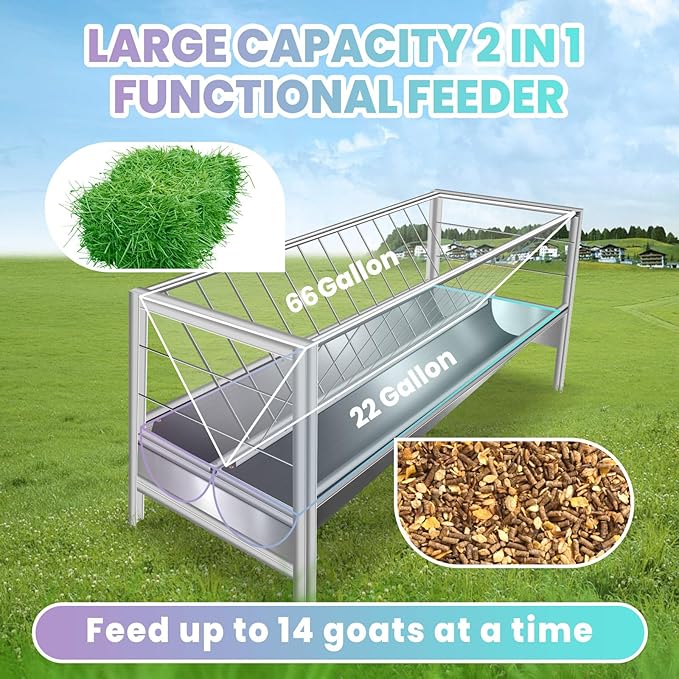 5 Ft Long Goat Hay Feeder, 88 Gallon Feeding Tray for Livestock Feeder, 2 in 1 Hay Feeder for Goats, Feeding Goats, Sheep and Ponies, for Farms, Sheep Sheds (Stainless Steel)