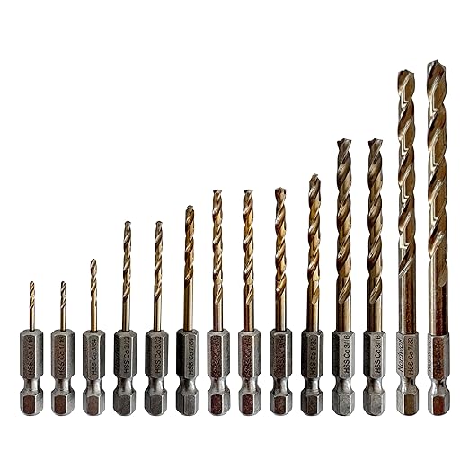 NordWolf 14-Piece M35 Cobalt Drill Bit Set for Stainless Steel, Hard Metals & Cast Iron, Jobber Length with 1/4" Hex Shank, SAE Sizes 1/16" to 1/4" in Storage Case