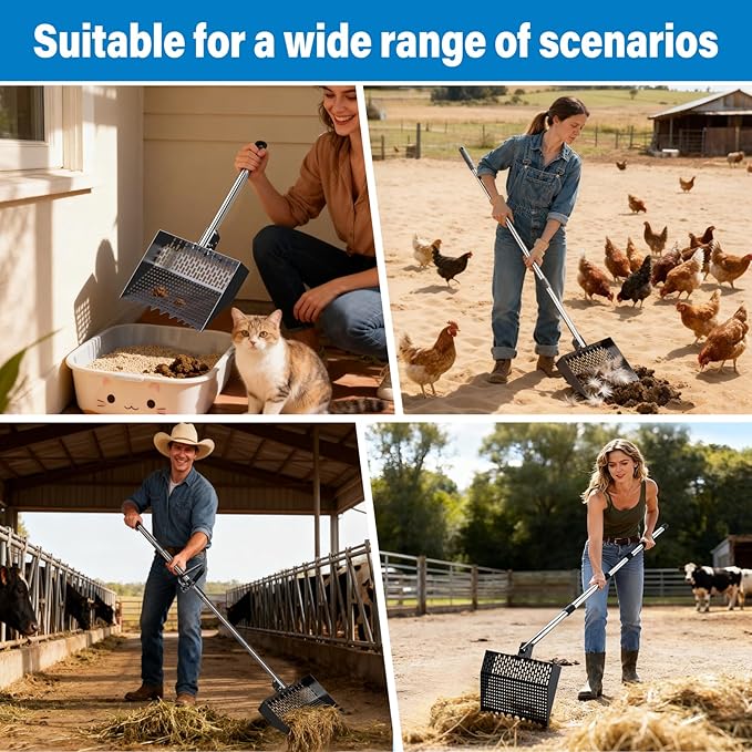 2-in-1 Chicken Poop Scooper & Rake 12-Inch Large Metal Shovel Head Adjustable Stainless Steel Handle (24 to 64") Litter Sifting Shovel Cleaning Tools for Chicken Run, Animal Farm (Black)