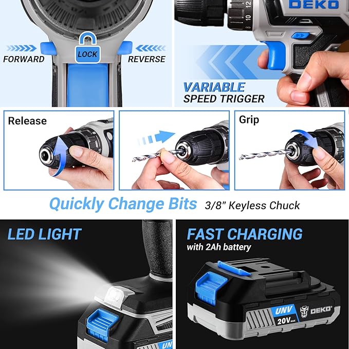 Blue Drill Tool Kit Set: 20V Cordless Power Drill Tool Box with Battery Electric Drill Driver for Men Home Hand Repair Basic Toolbox Tools Sets Drills Case