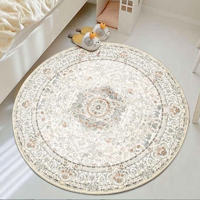 Boho Round Rug 4ft,Washable Circle Area Rugs for Bedroom Bathroom Entryway,Beige Vintage Bohemian Distressed Oriental Floral Carpet Non Slip