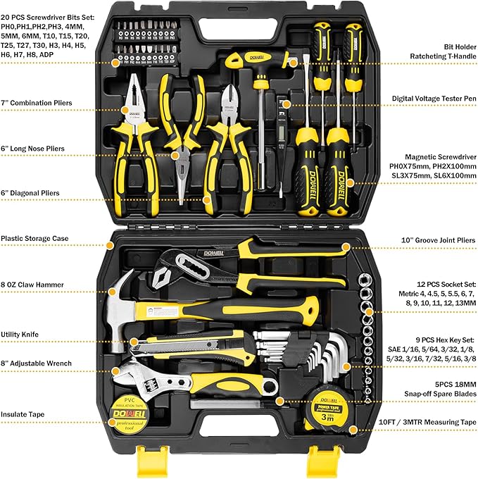 DOWELL Tool Set Tool Kit 62PCS Homeowner Tool Set Wrench Pliers Screwdriver Set Repair Tool Kit
