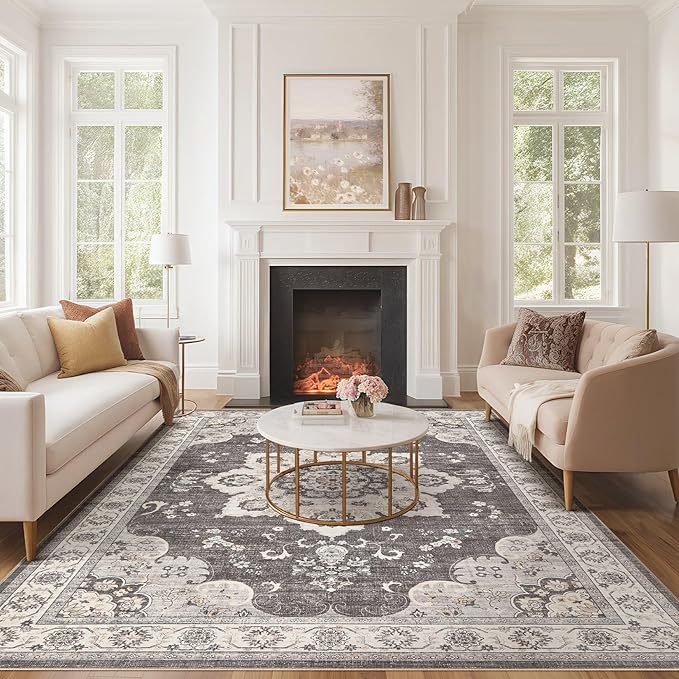Area Rug for Living Room - 9x12 Soft Washable Oriental Vintage Floral Distressed Large Carpet - Fade Stain Resistant Non Slip Rugs for Bedroom Dining Room Nursery Dorm Office Home Decor - Brown/Grey