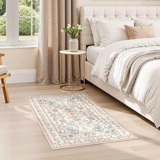 Door Mat Entrance Rug: 2x3 Washable Area Rug Boho Floral Small Rug - Non-Slip Low Pile Throw Indoor Carpet for Entryway Kitchen Front Door Bathroom Entry Kids Room - Pink