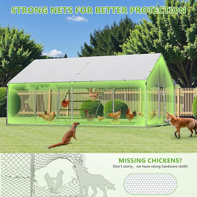 Large Chicken Coop,Metal Chicken Run for Yard with Feeding Door,Walk-in Chicken Pen for 10-20 Chickens,Outdoor Poultry Cage with Anti-UV Cover,Duck Rabbit House
