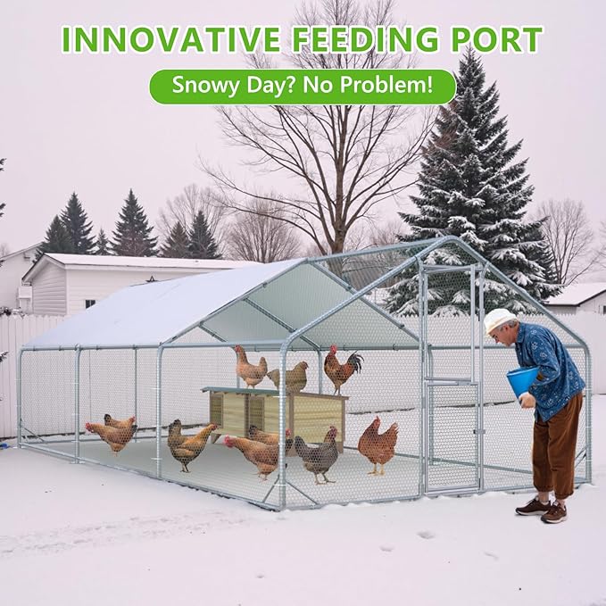 Large Chicken Coop,Metal Chicken Run for Yard with Feeding Door,Walk-in Chicken Pen for 20-30 Chickens,Outdoor Poultry Cage with Anti-UV Cover,Duck Rabbit House