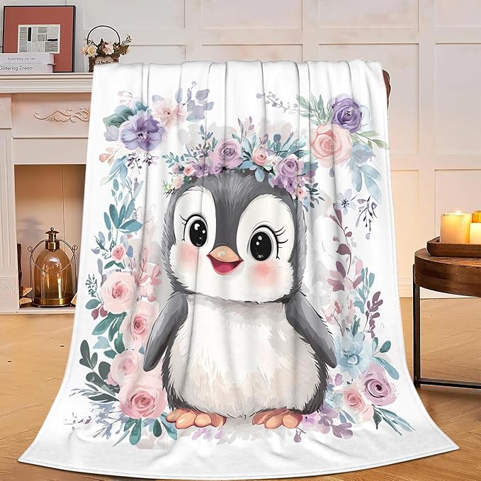 Cute Penguin Blanket Soft Warm Kawaii Penguin Plush Throw Blanket Cozy Lightweight Flannel Fleece Bedding Stuff Animal Decor Blanket Gifts for Lover Girls Boys Kids Teens Adults Women 50"x60"