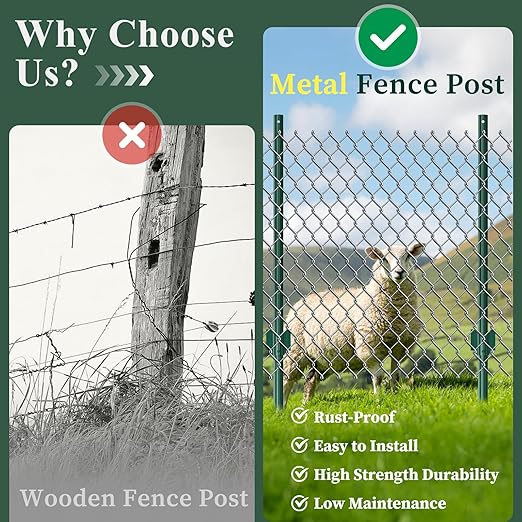 20 Pack Metal Fence Posts, 3ft Heavy Duty U-Post, Green Garden Stakes, No-Dig Post Anchors for Wire Fences, Temporary Fencing, Electric Fence, and Corner Support