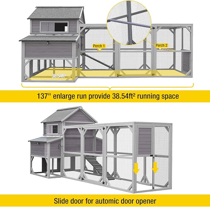 Aivituvin Large Chicken Coop 137" L Hen House Duck Cage for 10-15 Chickens 55ft² with Spacious Run, 6 Nesting Box, 6 Raised Perches