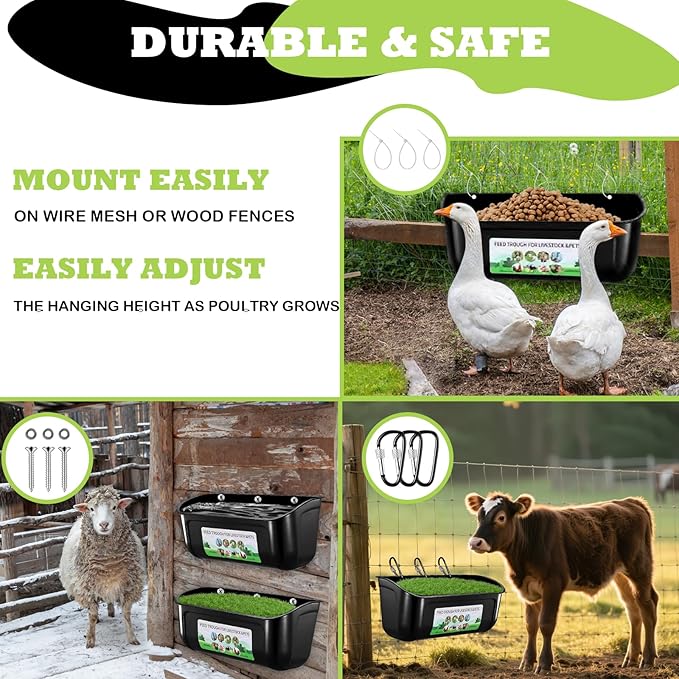 2 Pack Large Goat Feeder, Duck Chicken Feeder Waterer, Hanging Fence Feed Trough with Clips for Goat, Sheeple, Piglet, Gooses, Turkeys, Dog Livestock Poultry, Feed Scoop Included, Black