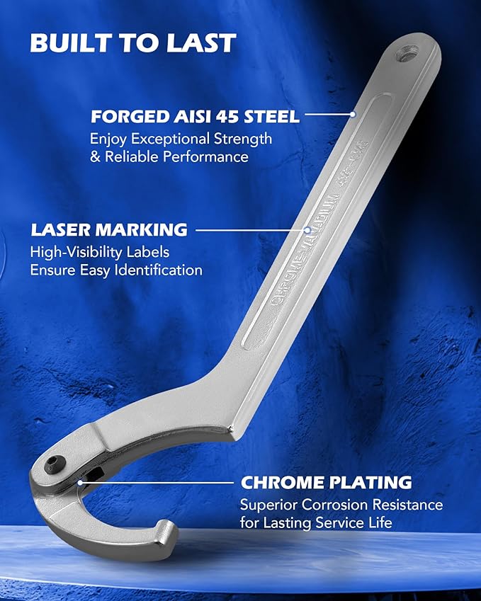 Orion Motor Tech 8pc Adjustable Pin Spanner Wrench Tool Set, Spanner Nut Wrench Tools with Changeable Heads for Pipes Heating Cars, Coilover Hook Wrenches for Suspension System, 3/4" to 6-1/10"